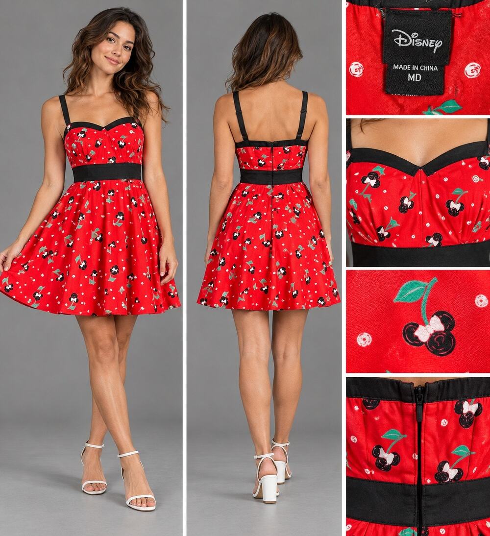 Disney Mickey Mouse Cherry Print Dress Womens M Red Rockabilly Fit Flare Retro
